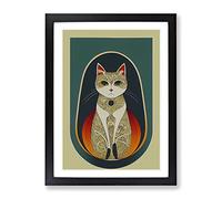 Cat In Art Nouveau No.5 Framed Print | A3 Black Framed Wall Art | Ready to Hang | Modern Animal Picture | Living Room Bedroom Lounge Office