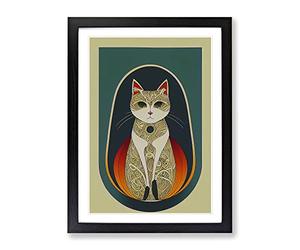 Cat In Art Nouveau No.5 Framed Print | A3 Black Framed Wall Art | Ready to Hang | Modern Animal Picture | Living Room Bedroom Lounge Office