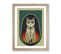 Cat In Art Nouveau No.5 Framed Print | A3 Oak Framed Wall Art | Ready to Hang | Modern Animal Picture | Living Room Bedroom Lounge Office