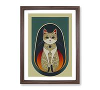 Cat In Art Nouveau No.5 Framed Print | A3 Walnut Framed Wall Art | Ready to Hang | Modern Animal Picture | Living Room Bedroom Lounge Office