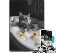 Cat in Bathtub with Rubber Ducks Funny Bathro Jigsaw Puzzle, 500 Pieces | Christmas gift for puzzle lovers with solo or shared puzzle time in spare time.