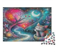 Cat in Enchanted Forest 1000 Pc 100% Recycled Cardboard Puzzle Fantasy Night Scene Jigsaw for Women Men Travel Jigsaw After-school Activity Beautiful Decoration Puzzle 70x50cm/1000pcs