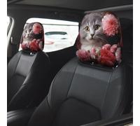 Cat in Flowers Car Seat Headrest Cover 2 PCS, Soft Stretchable Fabric Car Head Rest Protector Dustproof Removable Car Headrest Covers Universal Vehicle Accessories