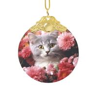 Cat in Flowers Christmas Ornament Round Shape Glass Christmas Hanging Pendants for Xmas Tree Decoration, Unique Acrylic Suncatcher Xmas Decor Holiday Pendants Gift Gold