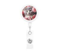 Cat in Flowers Retractable Badge Reel Heavy Duty Badge Holder with Belt Clip Retractable Lanyards ID Card Holder with Keychain Name Badge Clips for Office Nurse Employee