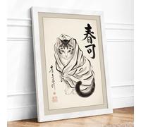 Cat in Flowing Robes Japandi Framed Wall Art Print A3 White Frame