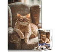 Cat in Glasses on Armchair Teenager Jigsaw Puzzles 1000 Pieces Educational Observation Skill Game Perfect Meaningful Festive Gift Size 50x75cm