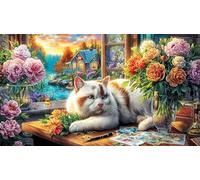 Cat-in-Hammock-Amid-Flowers-and-Butterflies Adult Jigsaws 1000Pc Educational Game Decompression Fun Present for Home for Adults and Kids Age 12 Years + Beautiful Decoration Puzzle 38x52/1000pcs