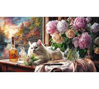Cat-in-Hammock-Amid-Flowers-and-Butterflies Jigsaw Puzzle 1000 Pieces Recycled Paper Educational Games Great Gift Idea for Adults and Kids Age 12 Years Up Beautiful Decoration Puzzle 38x26/1000pcs