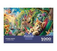 Cat in Hammock in Flowers 1000pc Premium Jigsaw Puzzle Romantic Pet Puzzle for Adults Thick Cardboard Teen Puzzle Fans 12-18 Logic Skill After-School Party Game Best Gift for Puzzle Lovers 52x38cm/100
