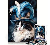 Cat in Hat with Feathers Teenager Jigsaw Puzzles 1000 Pieces Focus Training Calm Distraction Tight Join Ideal Present (38x26cm)