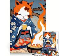 Cat in Kimono with Tea And Fire 1000 Piece Jigsaw Puzzles for Adults Mental Exercise Pleasant Leisure Snug Lock Unique Gift (50x75cm)