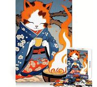 Cat in Kimono with Tea And Fire Jigsaw Puzzle 1000 Piece for Teenagers Sharp Recall Mind Soothing Fun Uniform Cut Thoughtful Xmas (38x52cm)