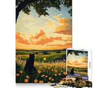 Cat in Meadow at Sunset 1000 Piece Jigsaw Puzzle for Adults Mind Exercise Cozy Pastime Exact Cut Chic Xmas Gift (38x52cm)