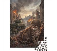 Cat in Military Helmet Amidst War Scene Jigsaw Puzzle, 1000 Piece