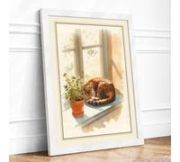 Cat in Morning Light Boho Framed Wall Art Print A4 (29.7×21cm) White, Wall Decor for Living Room, Bedroom, Office & Home, Ready to Hang, Art Gift
