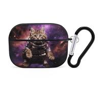 Cat in Outer Space Airpod Pro Case Cover Wireless Earbuds Case Protective Cover with Keychain Compatible with AirPods 1st & 2nd Generation Full Protective, Front LED Visible Black