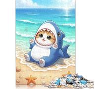 Cat in Shark Costume on Beach Puzzle Premium 100% Recycled Board Paper Rectangular Jigsaw Puzzle for Boy Or Girl 500pcs (52x38cm)