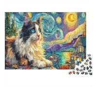Cat in Starry Night Style 1000pc Jigsaw Puzzle for Adults All Ages Premium Sturdy Cardboard Starry Cat Art Home Decor Wall Art Festive Mind Challenge EduCational 38x26cm/1000pcs