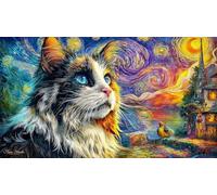 Cat-in-Starry-Night-Style Adult Jigsaws Puzzle 1000 Piece Educational Games Fun Present & Activity for Home Challenging Puzzles for Relaxation, Creativity & Gift Giving 38x52/1000pcs
