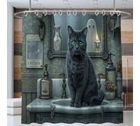 Cat In The Ghost Bathroom Shower Curtain, Fantasy Art Bathroom Shower Curtain 180 * 200cm Waterproof Polyester Fabric Bath Curtains with Hooks, Gray-Green