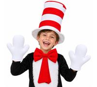 Cat in the Hat 3 Pcs Set - World Book Day Costume Striped Hat, Red Bow Tie, Gloves Crazy Cat Kit Fancy Dress Set
