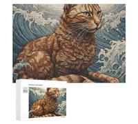 Cat in The Waves Jigsaw Puzzle Challenging Fun Puzzle Wooden Jigsaw Puzzles for Adults Families 300 PCS