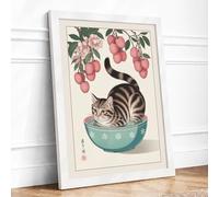 Cat in Turquoise Bowl Japandi Framed Wall Art Print A2 White