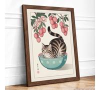 Cat in Turquoise Bowl Japandi Framed Wall Art Print A4 Walnut