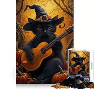 Cat in Witch Hat with Guitar 1000 Piece Jigsaw Puzzles for Teenagers Jigsaw Think Training Stress Free Fun Defined Edges Holiday Present (38x52cm)