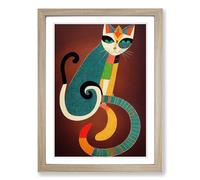 Cat Indian Art Framed Print | A2 Oak Framed Wall Art | Ready to Hang | Modern Animal Picture | Living Room Bedroom Lounge Office