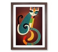 Cat Indian Art Framed Print | A2 Walnut Framed Wall Art | Ready to Hang | Modern Animal Picture | Living Room Bedroom Lounge Office