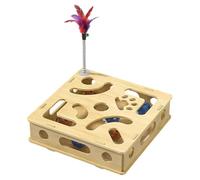 Cat Intelligence Maze Box Interactive Puzzle Toy with Bell and Treat Compartments for Mental Stimulation and Boredom Relief Encouraging Natural Foraging Behavior During Indoor (Natural Wood Tone A)