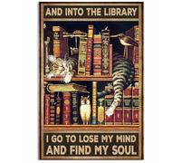 Cat Into The Library Gift For Cat Lover Retro Metal Tin Sign 8X12 Inches