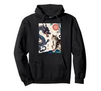 Cat Japanese woodblock print and a blue dragon Pullover Hoodie