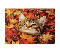 Cat Jigsaw Puzzle with a Curious Face Among Colourful Autumn Leaves, 1000 | 52x38cm Curious tabby cat, Golden eyes, Autumn maple leaves, Warm russet palette, 1000-piece puzzle