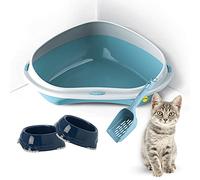 cat Jumbo Corner Litter Tray Bundle + 2 blue Smarty Bowls 0.3L + blue Scoop - Cat Hygiene Toilet, High Rim