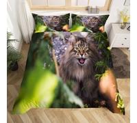 Cat King Size Duvet Cover Sets Green Plants Bedding Set 3D Print Quilt Cover 230x220 cm Soft Microfiber Bed Sets with Zipper Closure and 2 Pillowcases z-4985