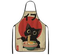 Cat Kitchen Apron, Vintage Manga Style Cooking Apron for Adults, Noodle Ramen Foodie Inspired Chef Apron for Home, Spring C, Black, 24x31 Inch