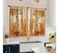 Cat Kitchen Curtains, Cozy Playful Orange Leaf Fall Orange Tiered Kitchen Window Curtain Set for Laundry Room Sink Area Hallway Apartment Window Decor 26x45 Inch