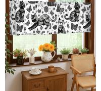 Cat Kitchen Curtains, Fanciful Contemporary Butterfly Flower Black Single Panel Valance for Window Window Decoration for Dining Room Breakfast Nook Sink Area 18x52 Inch