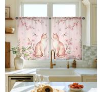 Cat Kitchen Curtains, Spring Fanciful Cherries Blossom Dragonfly Spring Peach Light Filtering Kitchen Curtains for Small Rv Sink Area Narrow Window 28x39 Inch