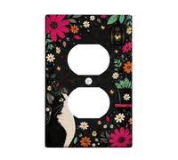 Cat Kitchen Duplex Outlet Covers Wall Plate, Nature Fanciful Flowers Lantern Spring Black Plastic Standard Size Double Power Outlet Cover Plate for New Apartment Home Bedroom Office Decor
