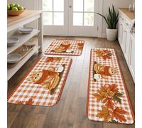 Cat Kitchen Mats for Floor, Autumn Leaves Cute Plaid Soft Mats, Cushioned Comfort Washable Non Slip Decor Rugs for Kitchen Sinks Laundryroom Bathroom 3Pcs