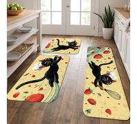 Cat Kitchen Mats for Floor, Cat Strawberry Cute Mats, Cushioned Comfort Washable Non Slip Decor Rugs for Kitchen Sinks Laundryroom Bathroom 3Pcs