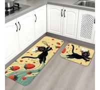 Cat Kitchen Mats for Floor, Cat Strawberry Cute Mats, Cushioned Comfort Washable Non Slip Decor Rugs for Kitchen Sinks Laundryroom Bathroom 2PCS