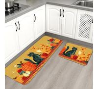Cat Kitchen Mats for Floor, Fanciful Felines Pumpkin Soft Mats, Cushioned Comfort Washable Non Slip Decor Rugs for Kitchen Sinks Laundryroom Bathroom 2PCS