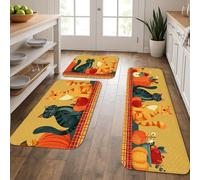 Cat Kitchen Mats for Floor, Fanciful Felines Pumpkin Soft Mats, Cushioned Comfort Washable Non Slip Decor Rugs for Kitchen Sinks Laundryroom Bathroom 3Pcs