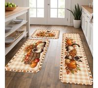 Cat Kitchen Rugs Sets of 3, Rustic Farmhouse Pumpkins Leaf Fall Orange Comfort Washable Cushioned Floor Mats for Sink Area Laundry Room Bathroom Hallway
