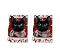 Cat Kitchen Towels, Christmas Festive Candy Cane Bell Christmas Red Microfiber Tea Towels Countertop Decor 16x24 Inch (Set of 2)